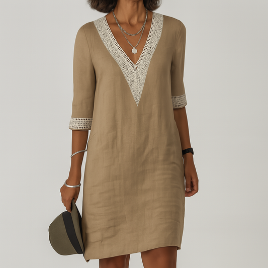 Women’s Linen Summer Dress with V-Neck Detail | Relaxed Fit Dress | Easy Everyday Wear