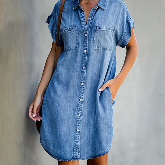 Denim Dress with Casual Style | Short Sleeve Button-Down Dress | Easy Comfort