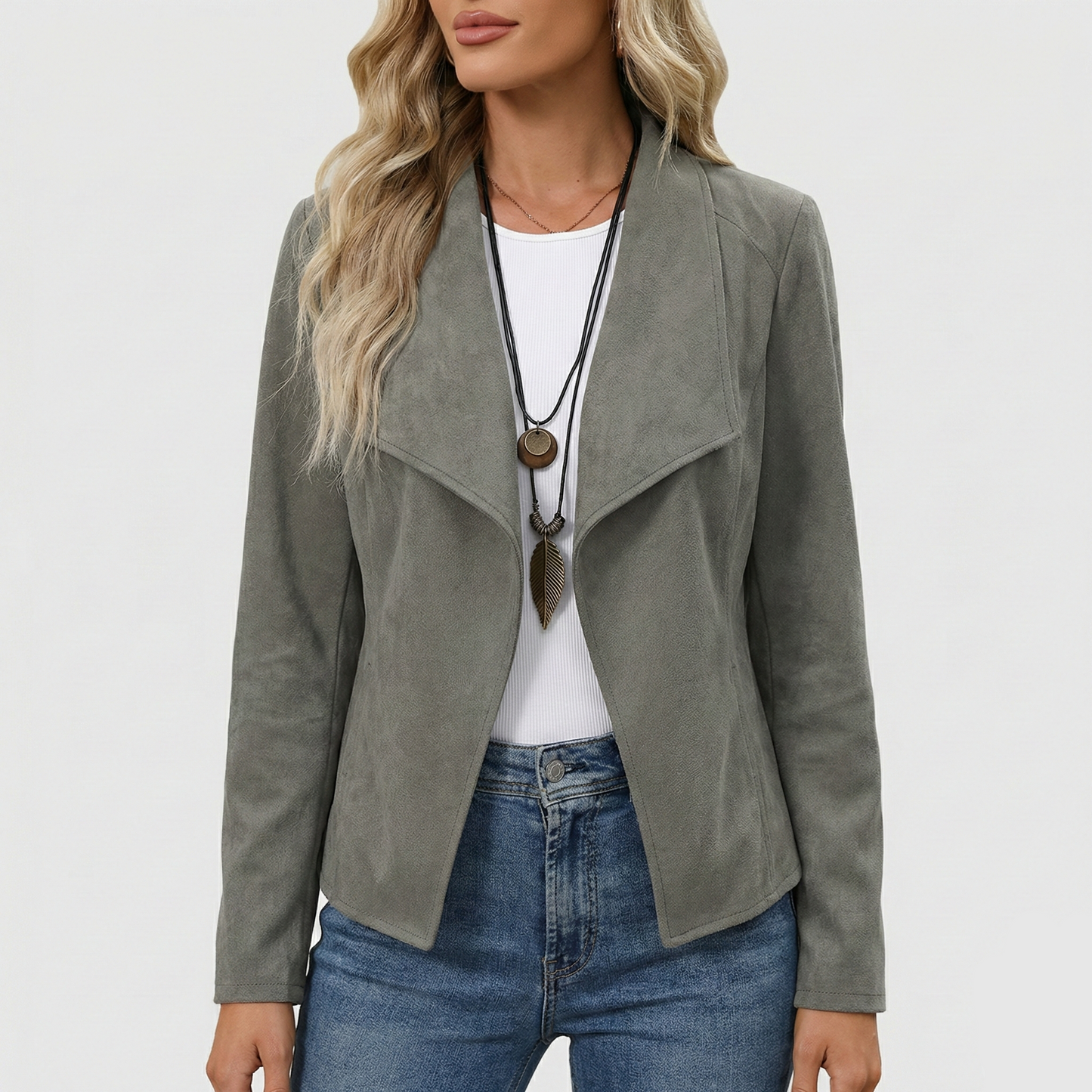 Suede jacket with draped open front and long sleeves