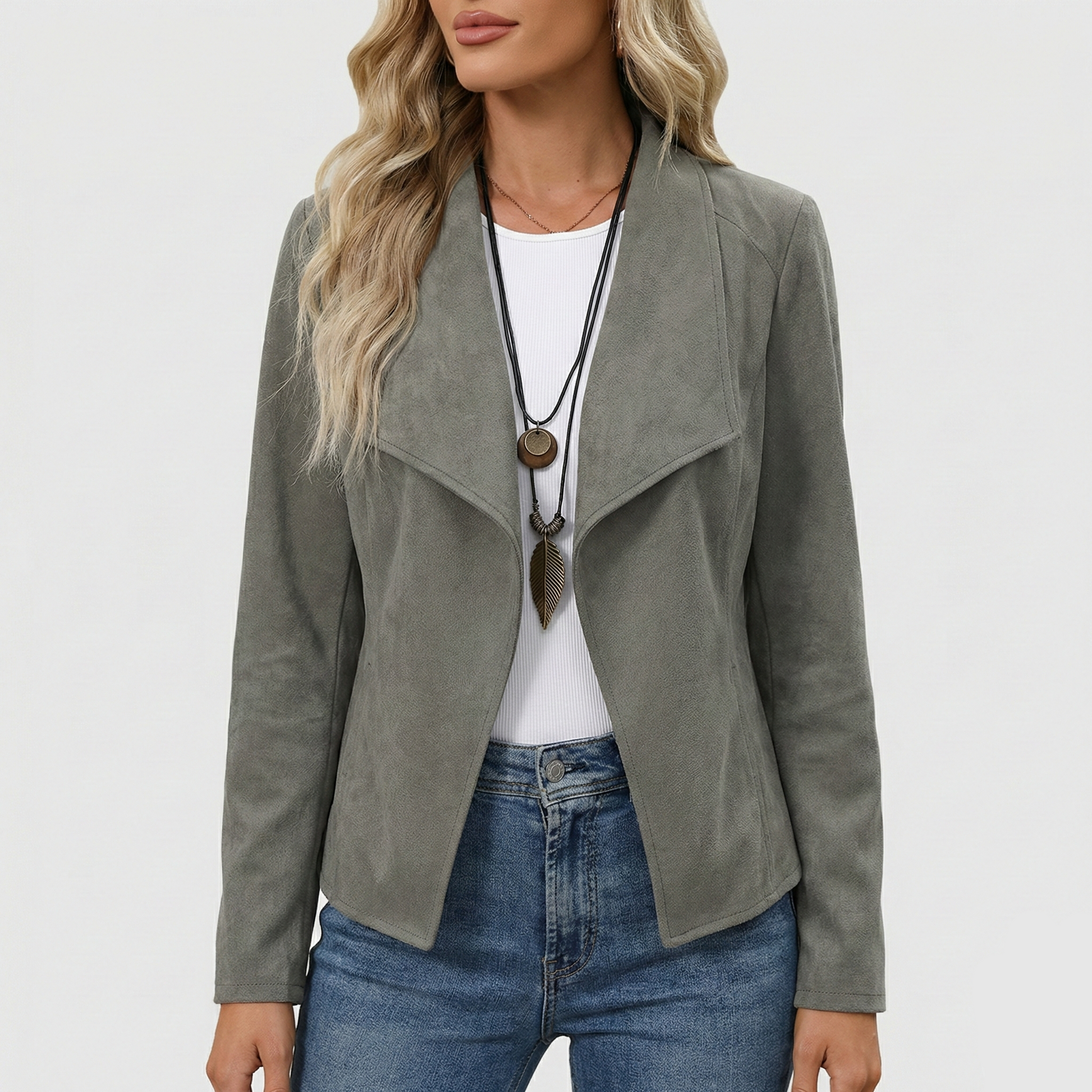 Suede jacket with draped open front and long sleeves
