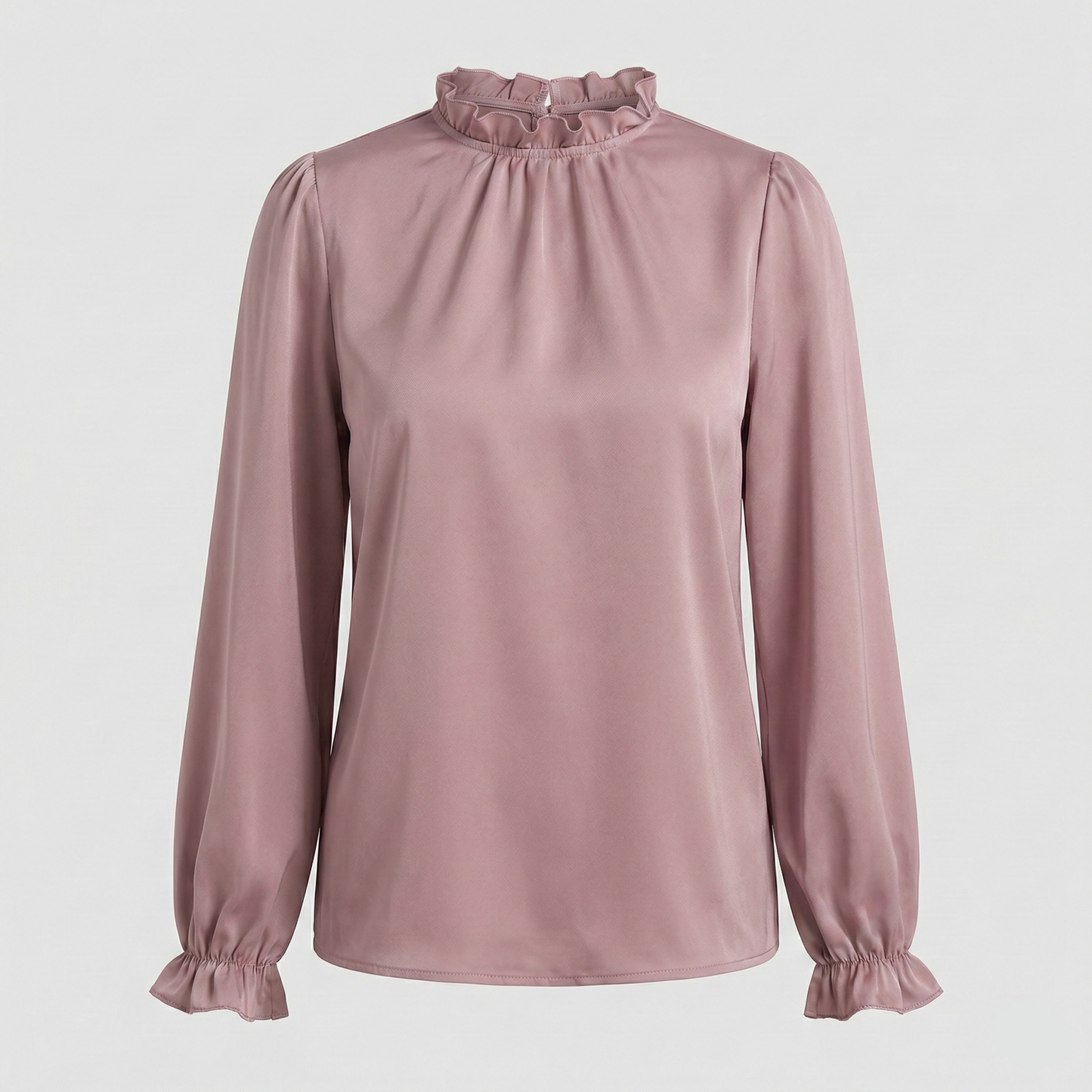 Elegant long-sleeved blouse featuring a ruffled mock neck and elasticized frill cuffs.