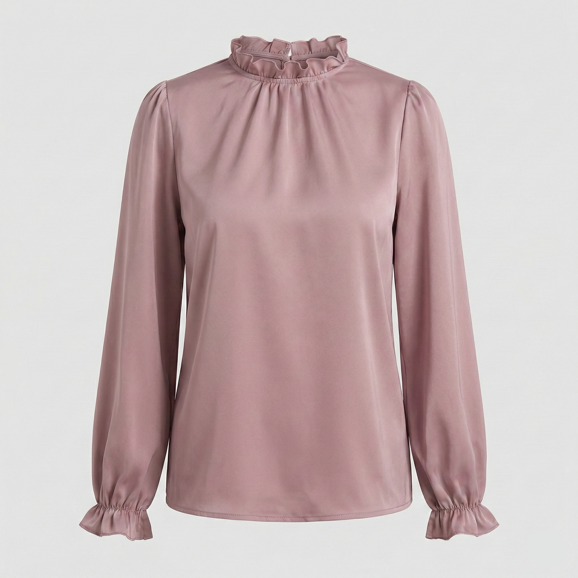 Elegant long-sleeved blouse featuring a ruffled mock neck and elasticized frill cuffs.