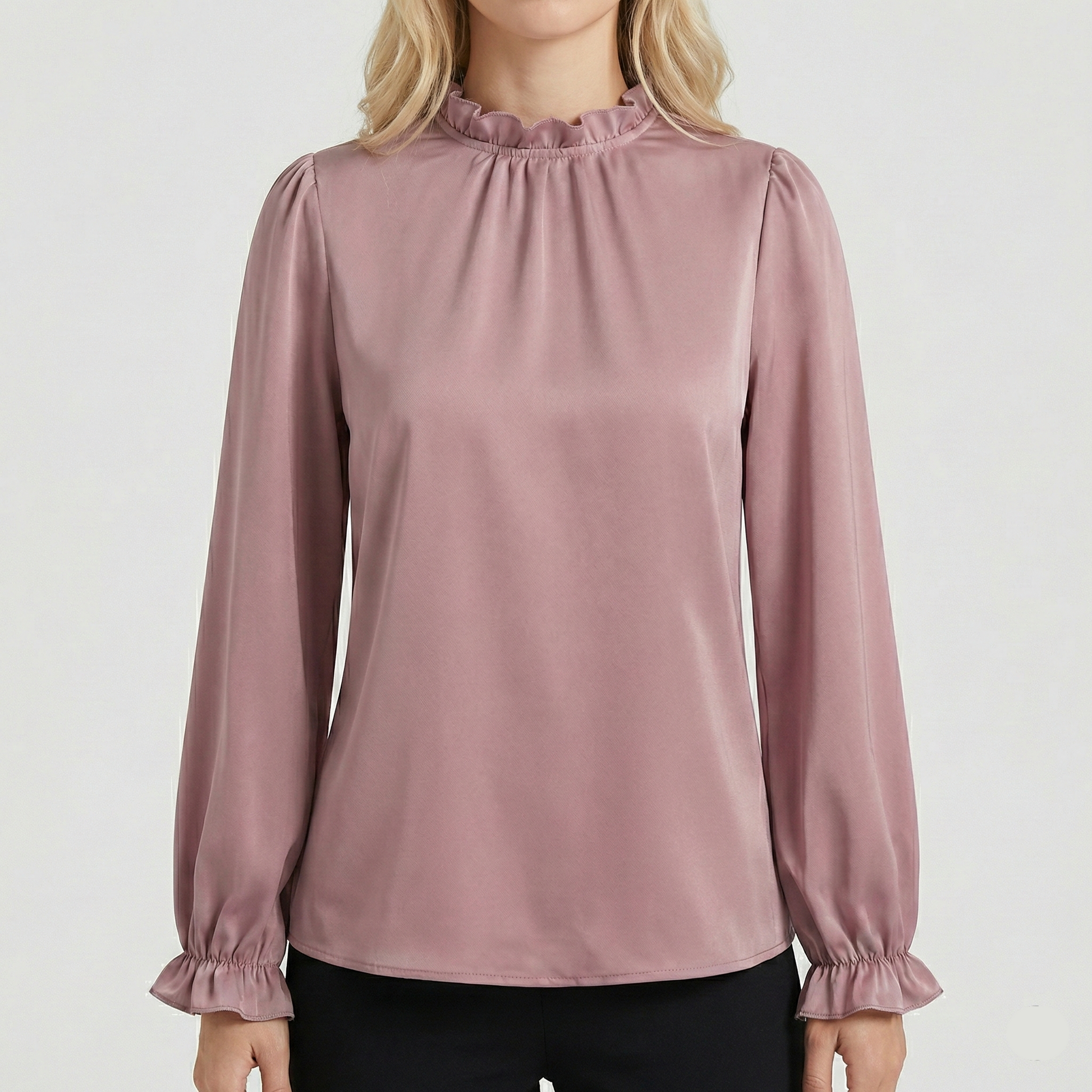 Elegant long-sleeved blouse featuring a ruffled mock neck and elasticized frill cuffs.