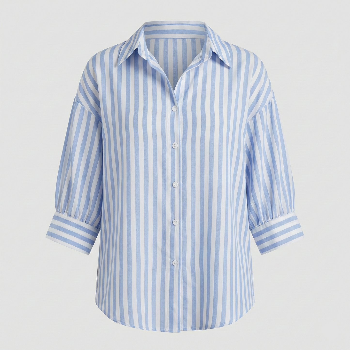 Vertical striped button-down shirt with a spread collar and three-quarter sleeves.