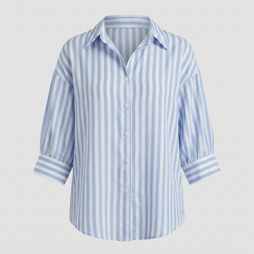 Vertical striped button-down shirt with a spread collar and three-quarter sleeves.