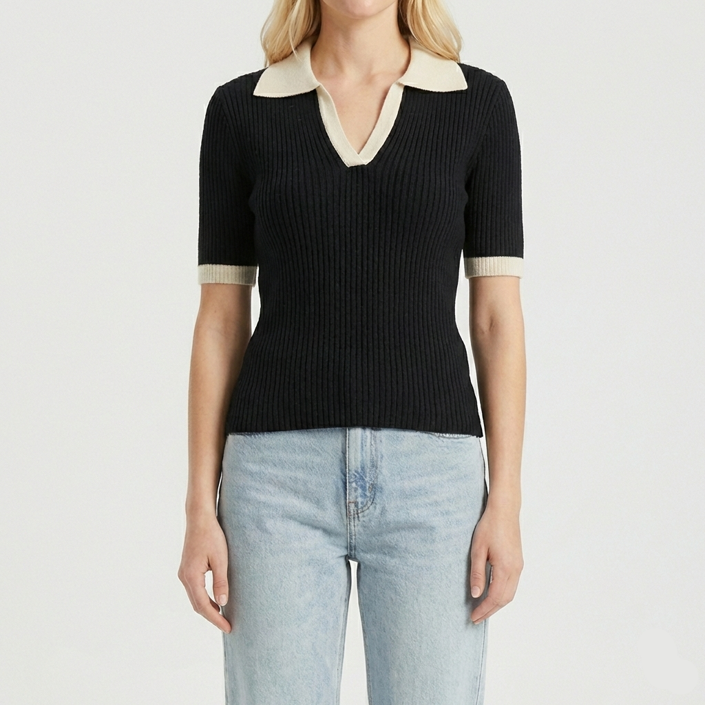 Ribbed knit long-sleeve top featuring a contrasting cream-colored spread collar and matching cream cuffs.
