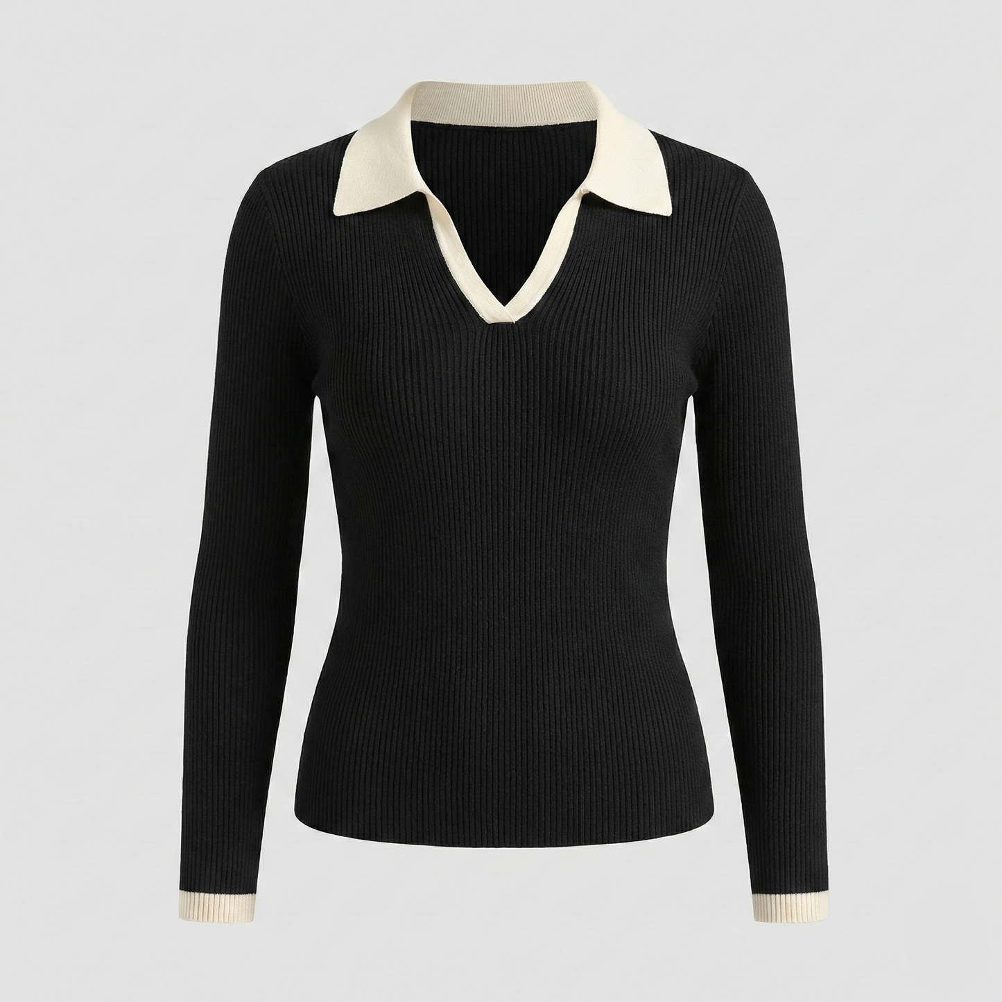 Ribbed knit long-sleeve top featuring a contrasting cream-colored spread collar and matching cream cuffs.