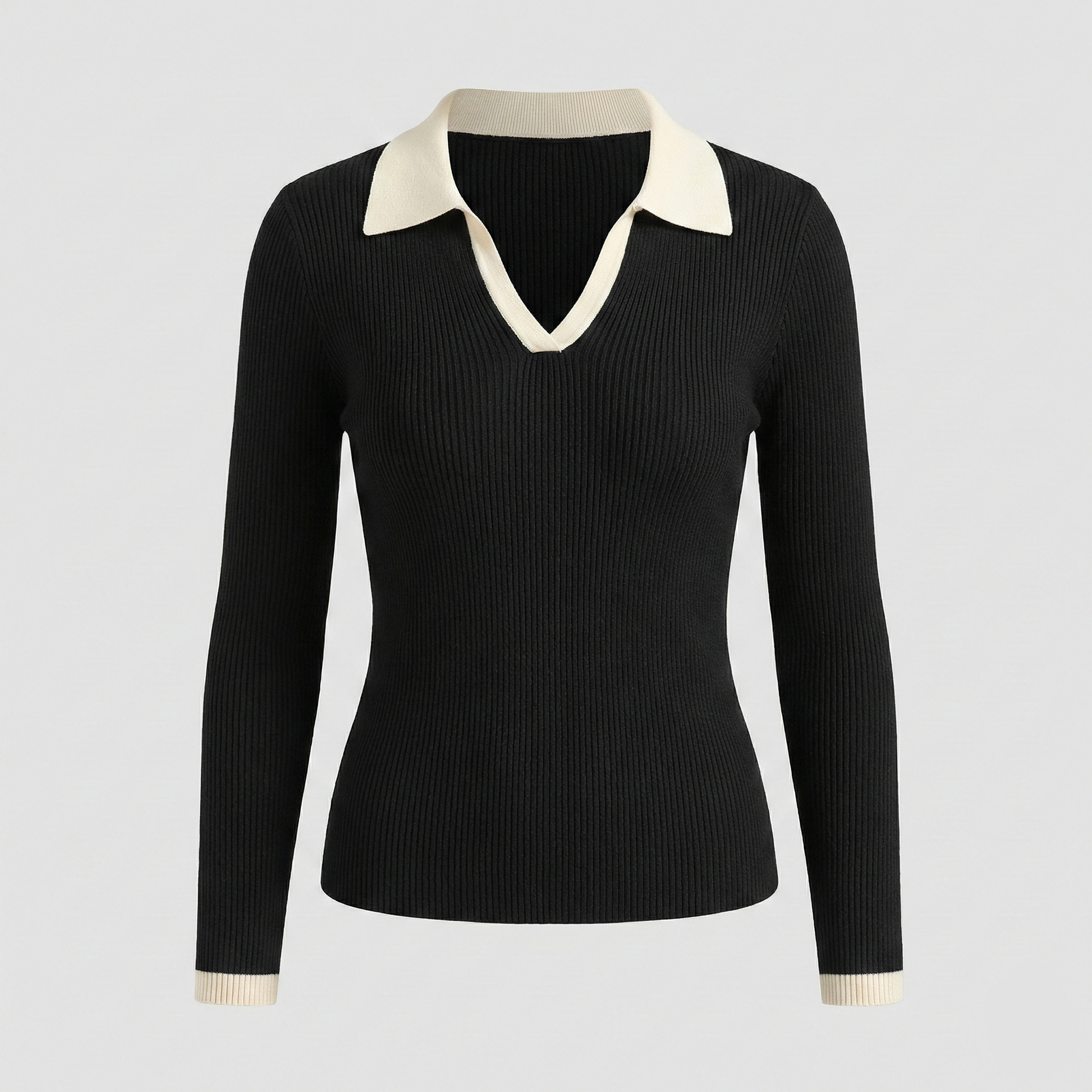 Ribbed knit long-sleeve top featuring a contrasting cream-colored spread collar and matching cream cuffs.