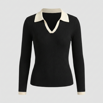 Ribbed knit long-sleeve top featuring a contrasting cream-colored spread collar and matching cream cuffs.