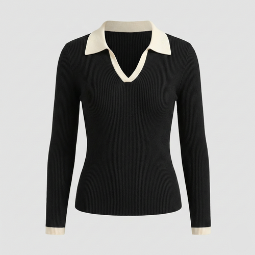 Ribbed knit long-sleeve top featuring a contrasting cream-colored spread collar and matching cream cuffs.