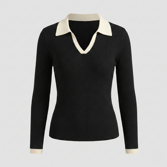 Ribbed knit long-sleeve top featuring a contrasting cream-colored spread collar and matching cream cuffs.