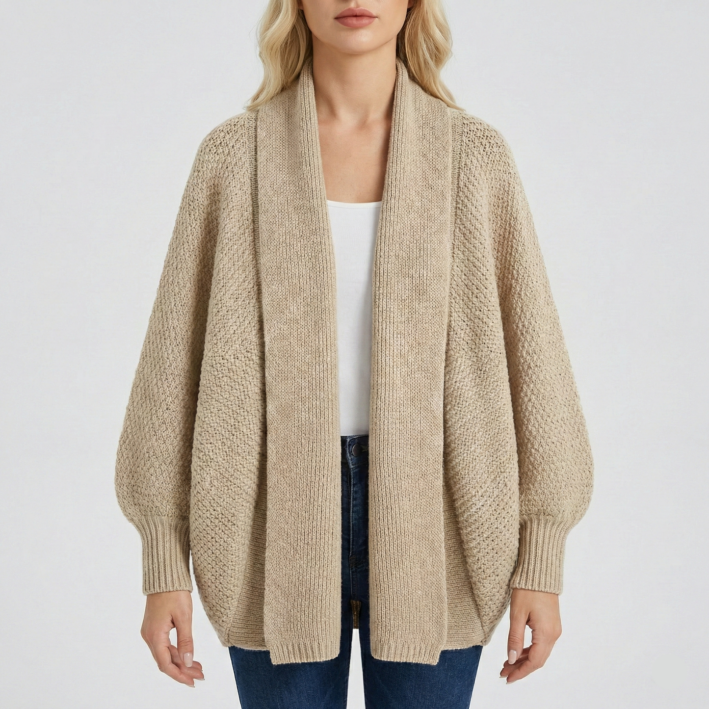 Textured knit cardigan with open front and batwing sleeves