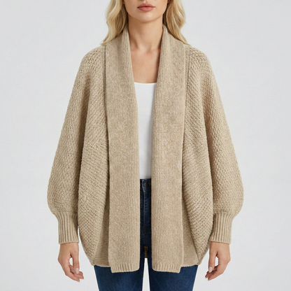 Textured knit cardigan with open front and batwing sleeves