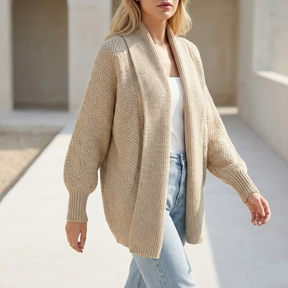 Textured knit cardigan with open front and batwing sleeves