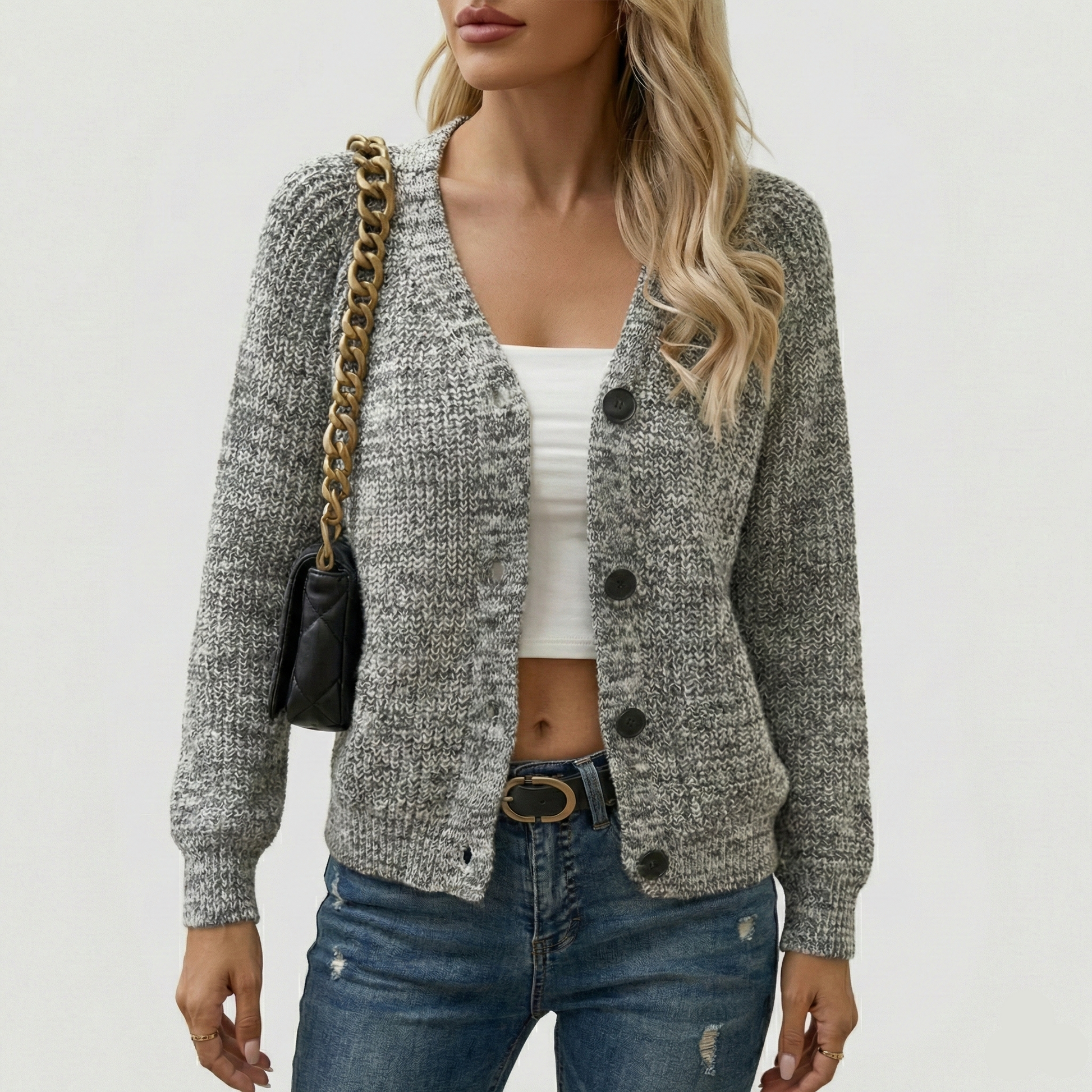 Marl chunky knit cardigan with V-neck and button details
