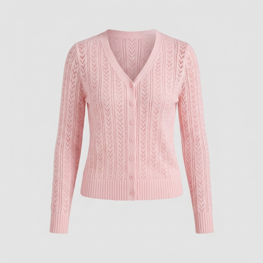 Pointelle knit cardigan with V-neck and button-down front