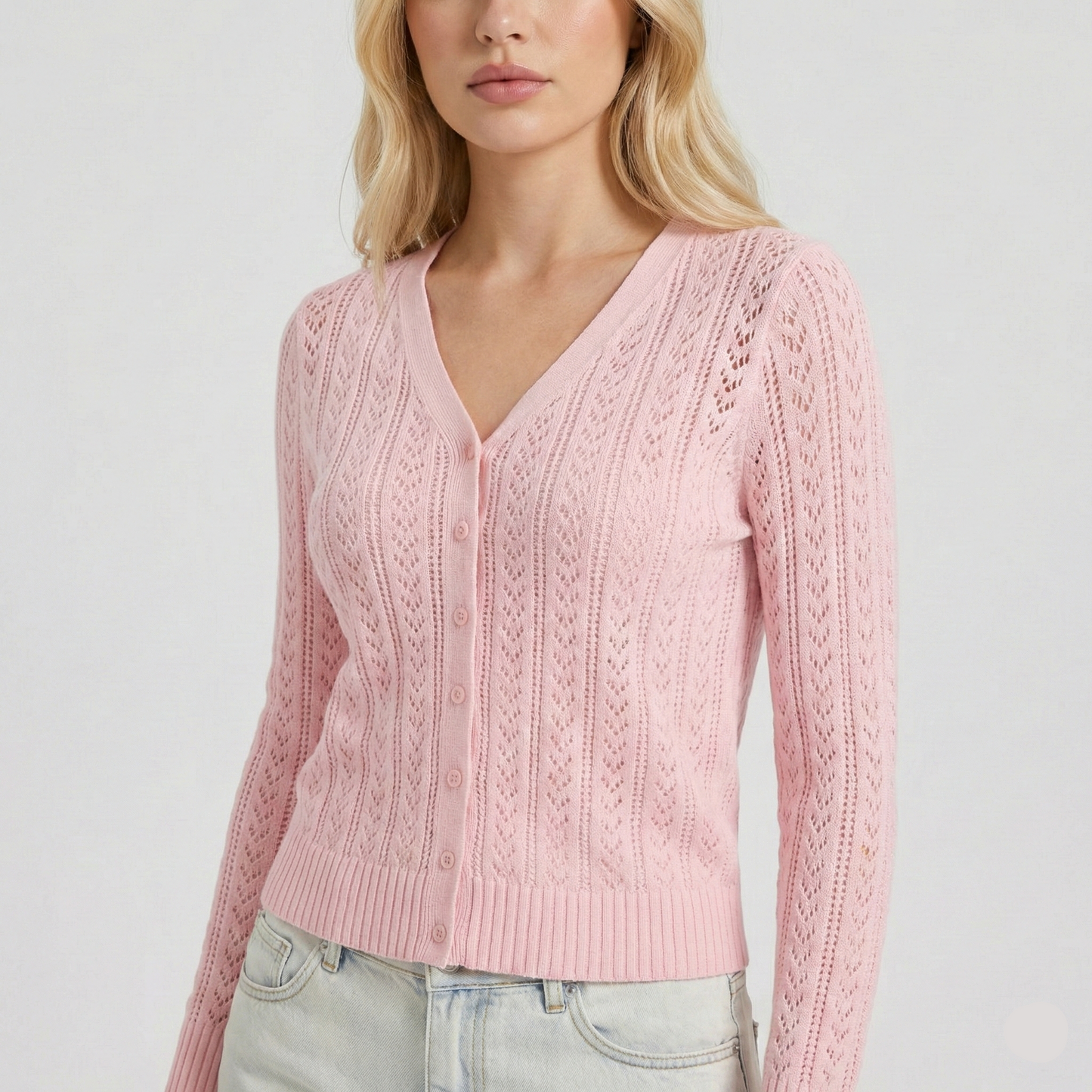 Pointelle knit cardigan with V-neck and button-down front