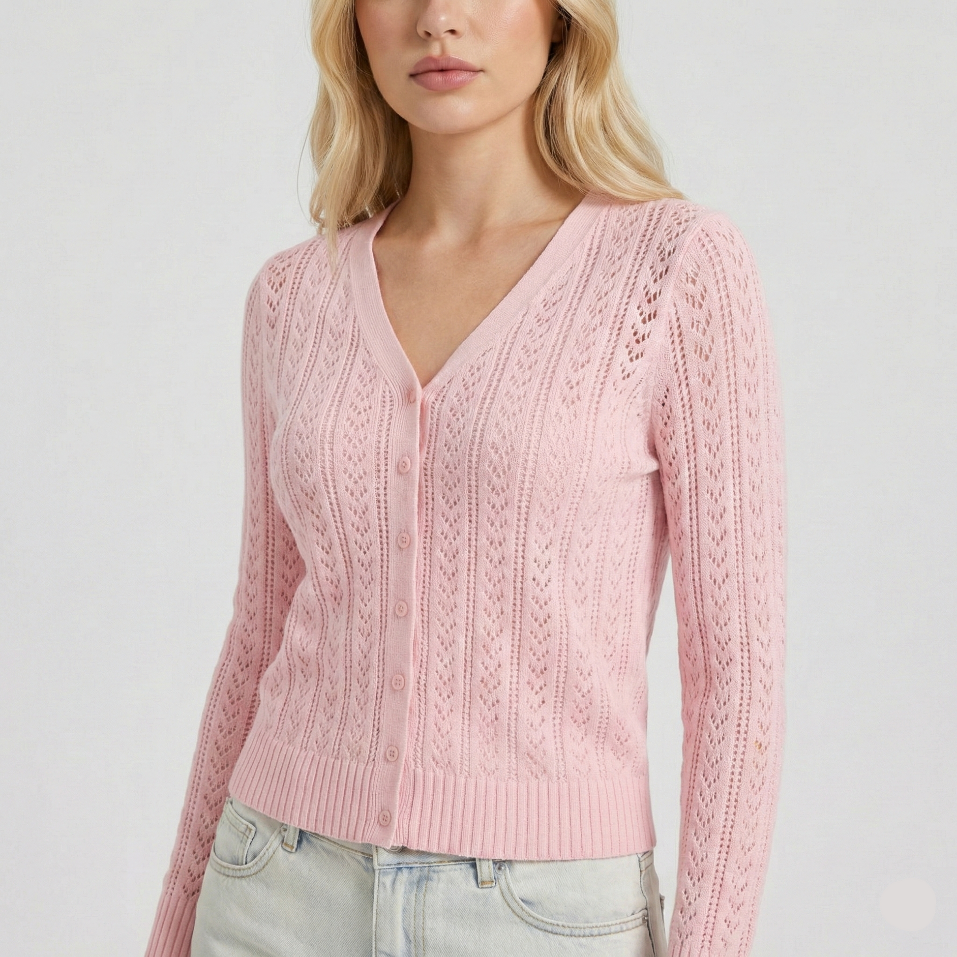 Pointelle knit cardigan with V-neck and button-down front