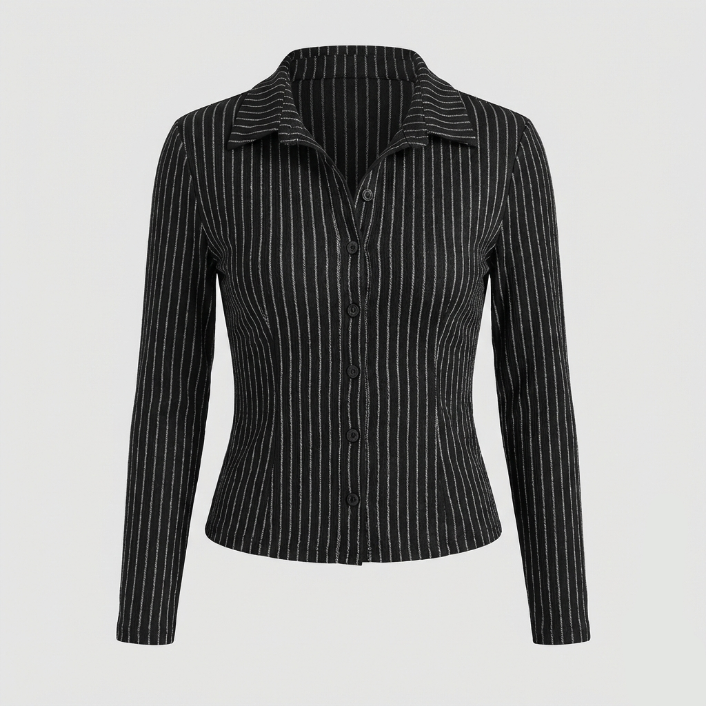 Button-down blouse featuring white vertical pinstripes, a pointed collar, and a tailored silhouette.