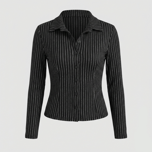 Button-down blouse featuring white vertical pinstripes, a pointed collar, and a tailored silhouette.