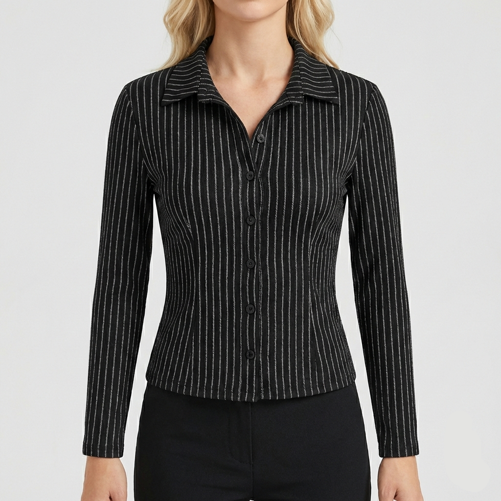 Button-down blouse featuring white vertical pinstripes, a pointed collar, and a tailored silhouette.