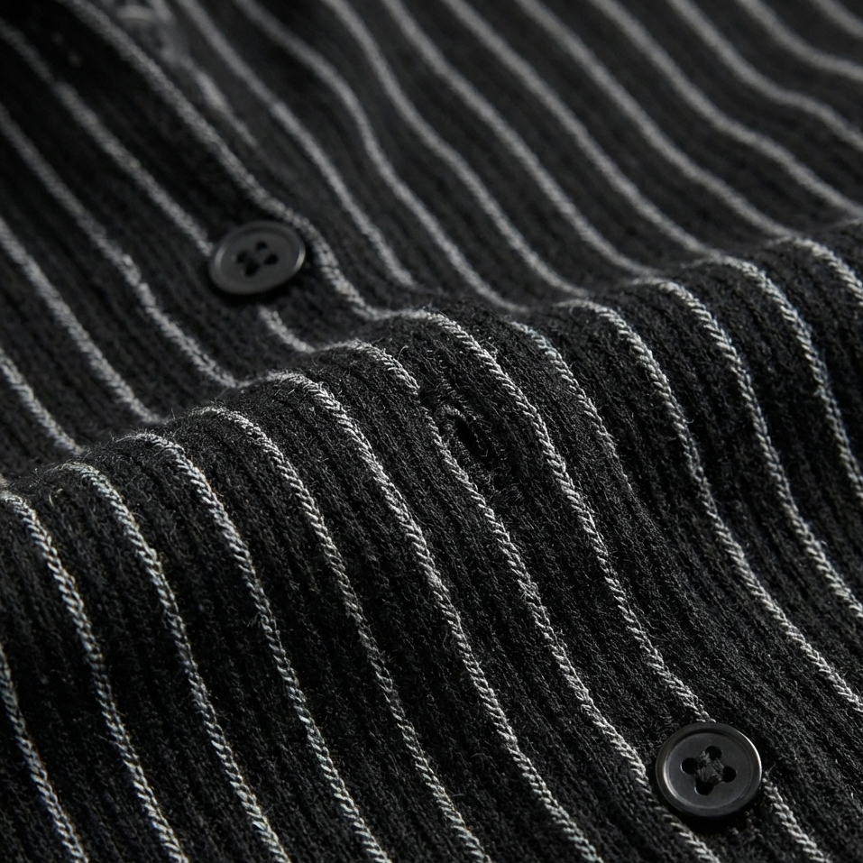 Button-down blouse featuring white vertical pinstripes, a pointed collar, and a tailored silhouette.