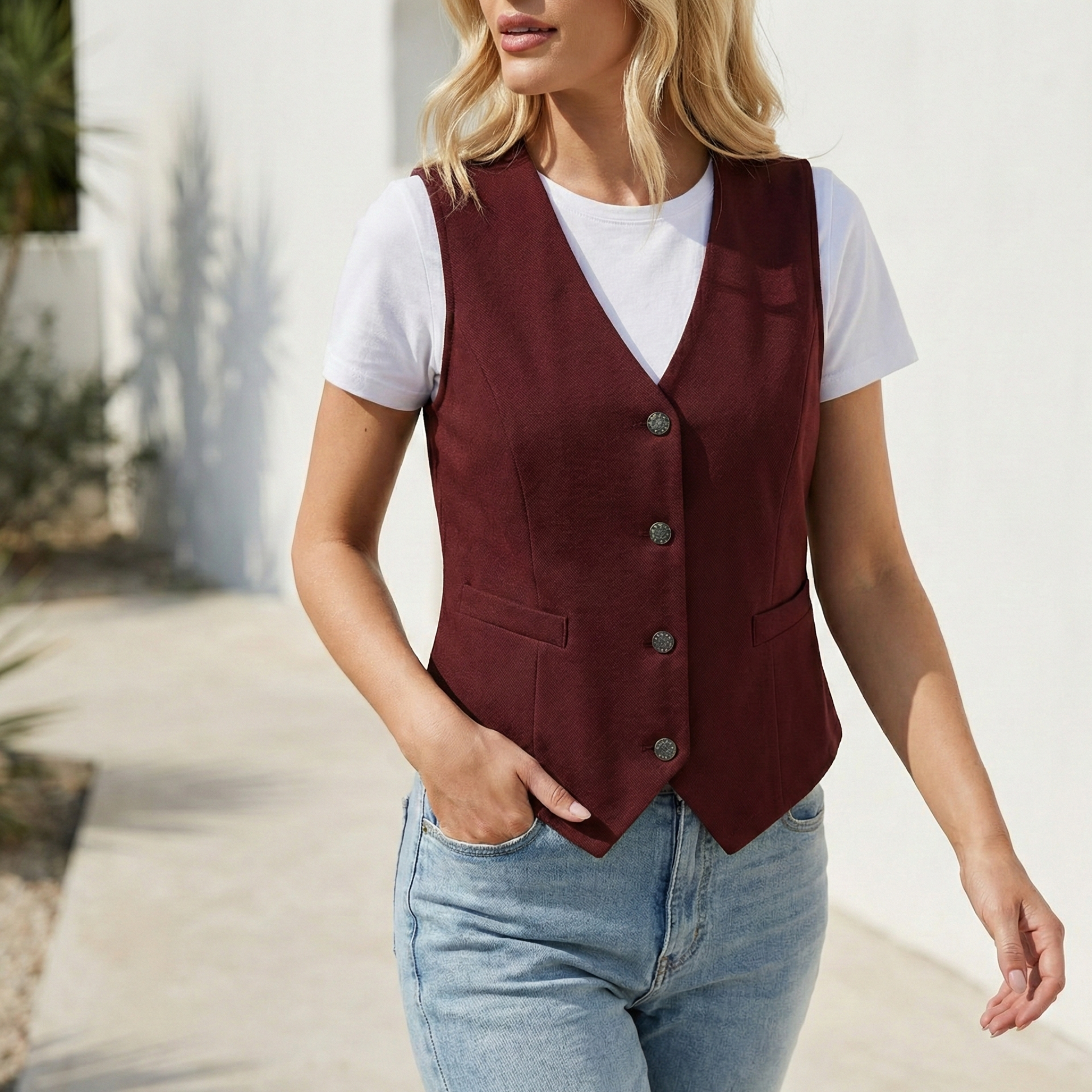 Tailored waistcoat vest with button-down front and welt pocket details