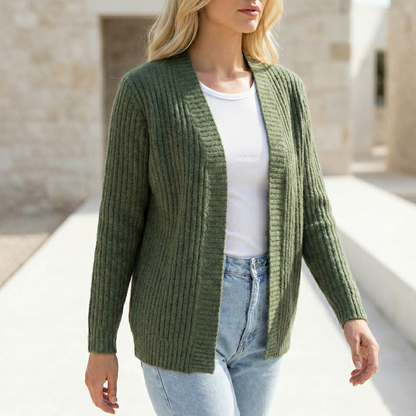 Ribbed knit cardigan with open front and pockets