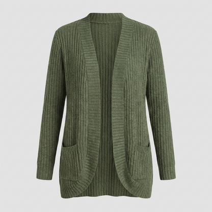 Ribbed knit cardigan with open front and pockets