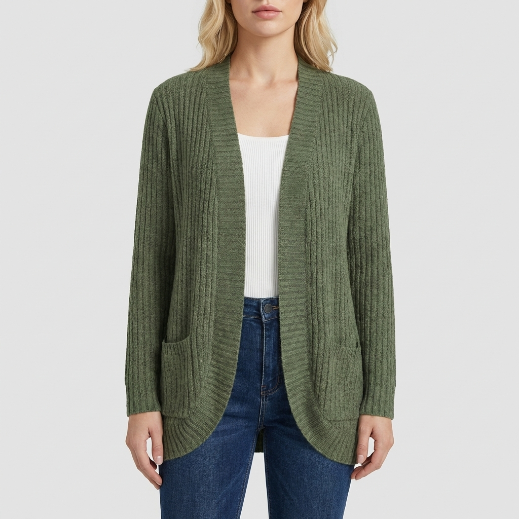 Ribbed knit cardigan with open front and pockets