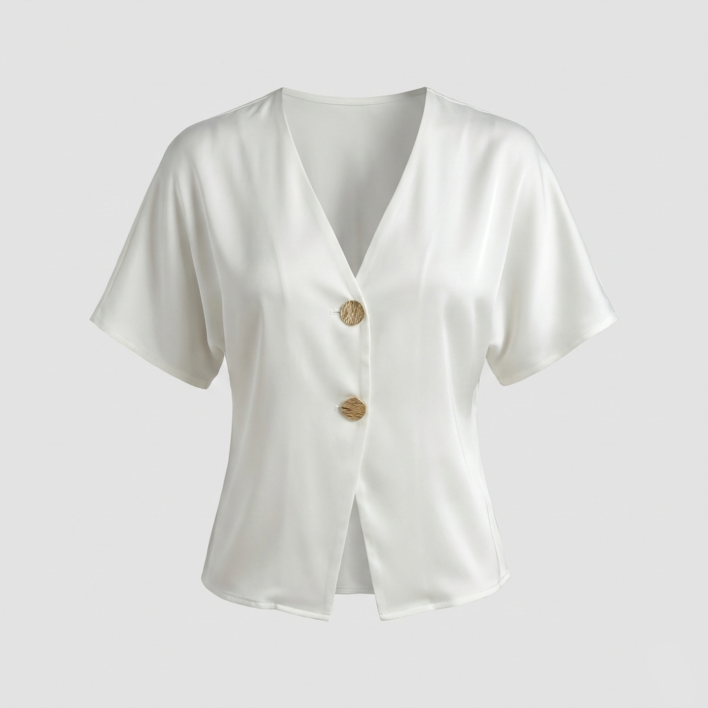 V-neck blouse featuring short wide sleeves and two large textured gold buttons on the front.