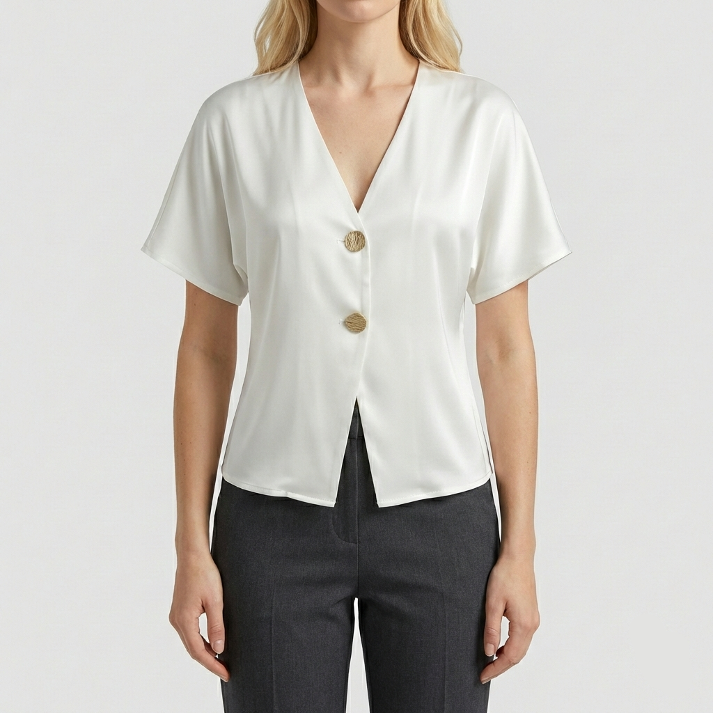 V-neck blouse featuring short wide sleeves and two large textured gold buttons on the front.