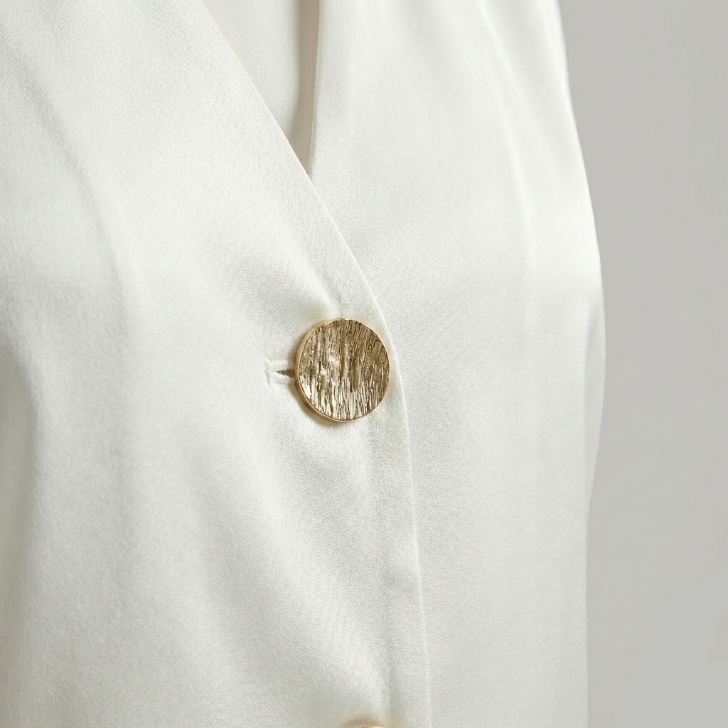 V-neck blouse featuring short wide sleeves and two large textured gold buttons on the front.