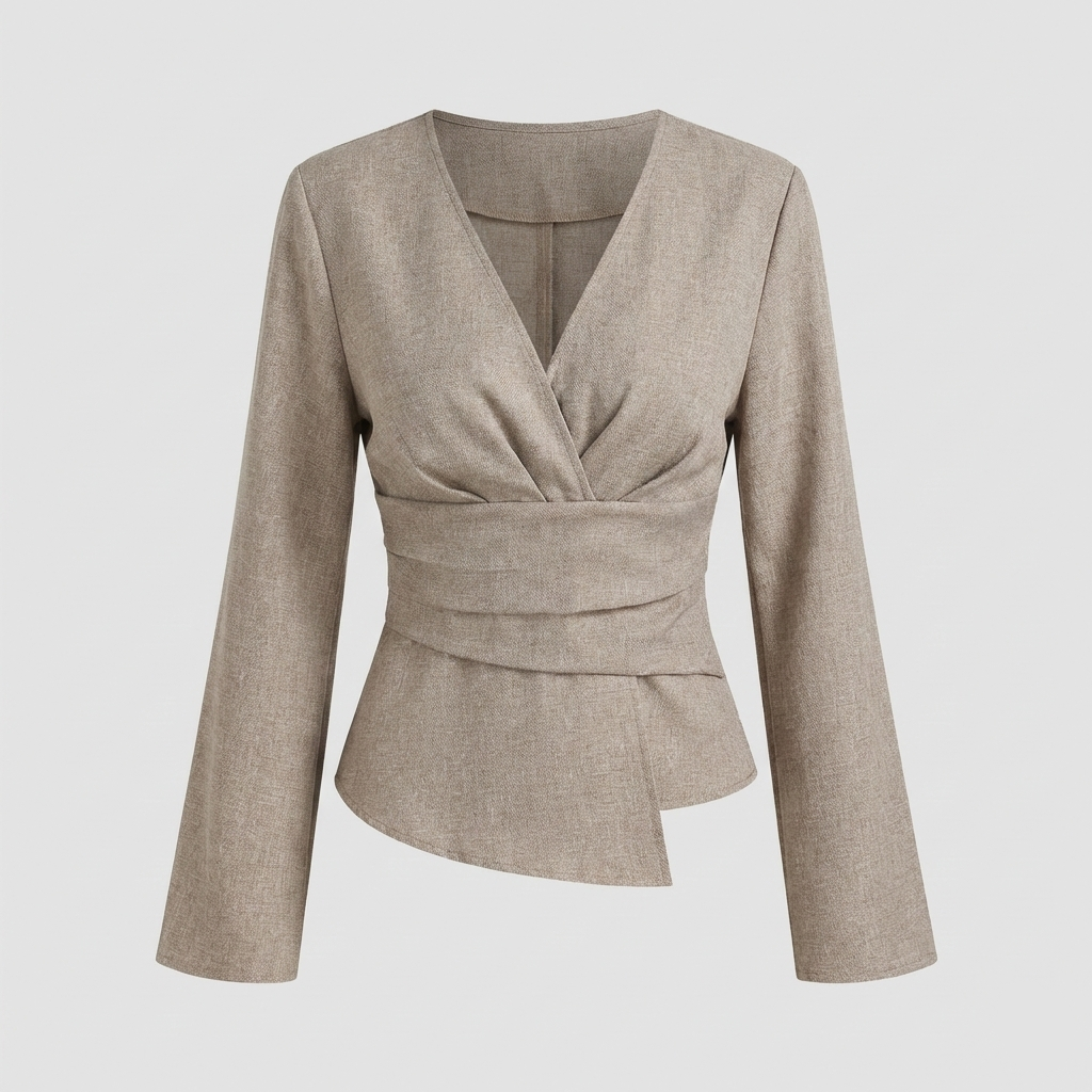 Tailored wrap-style blouse with a V-neckline and long bell sleeves, featuring a pleated waist detail and asymmetrical hem.