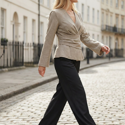 Tailored wrap-style blouse with a V-neckline and long bell sleeves, featuring a pleated waist detail and asymmetrical hem.