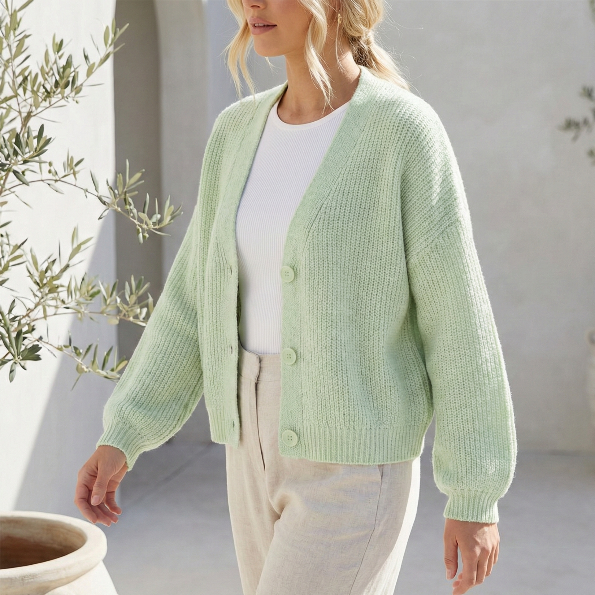 Chunky knit cardigan with oversized lantern sleeves and button-down front