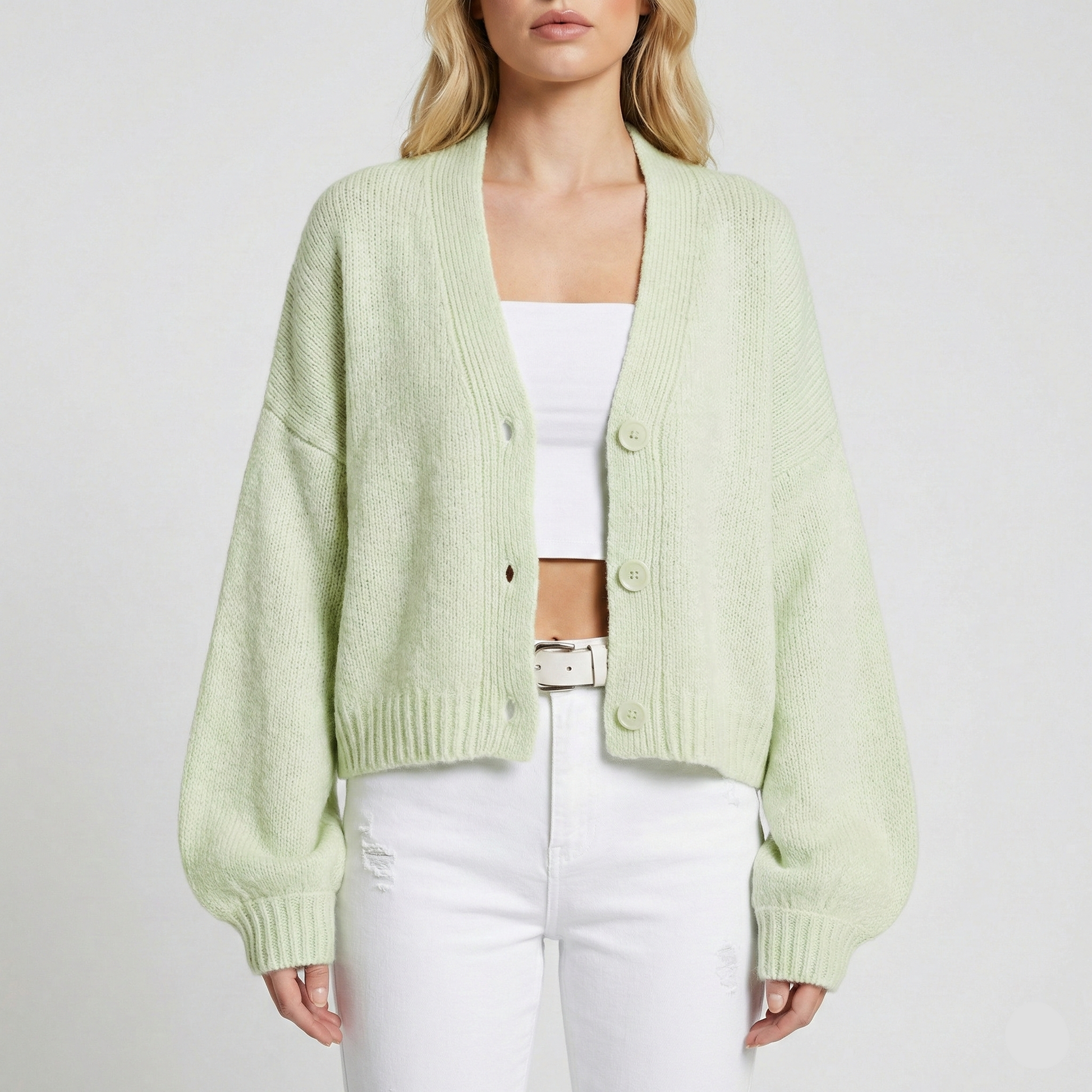 Chunky knit cardigan with oversized lantern sleeves and button-down front